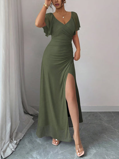 Mesh Panel V-Neck Flare Short Sleeve Slit Dress