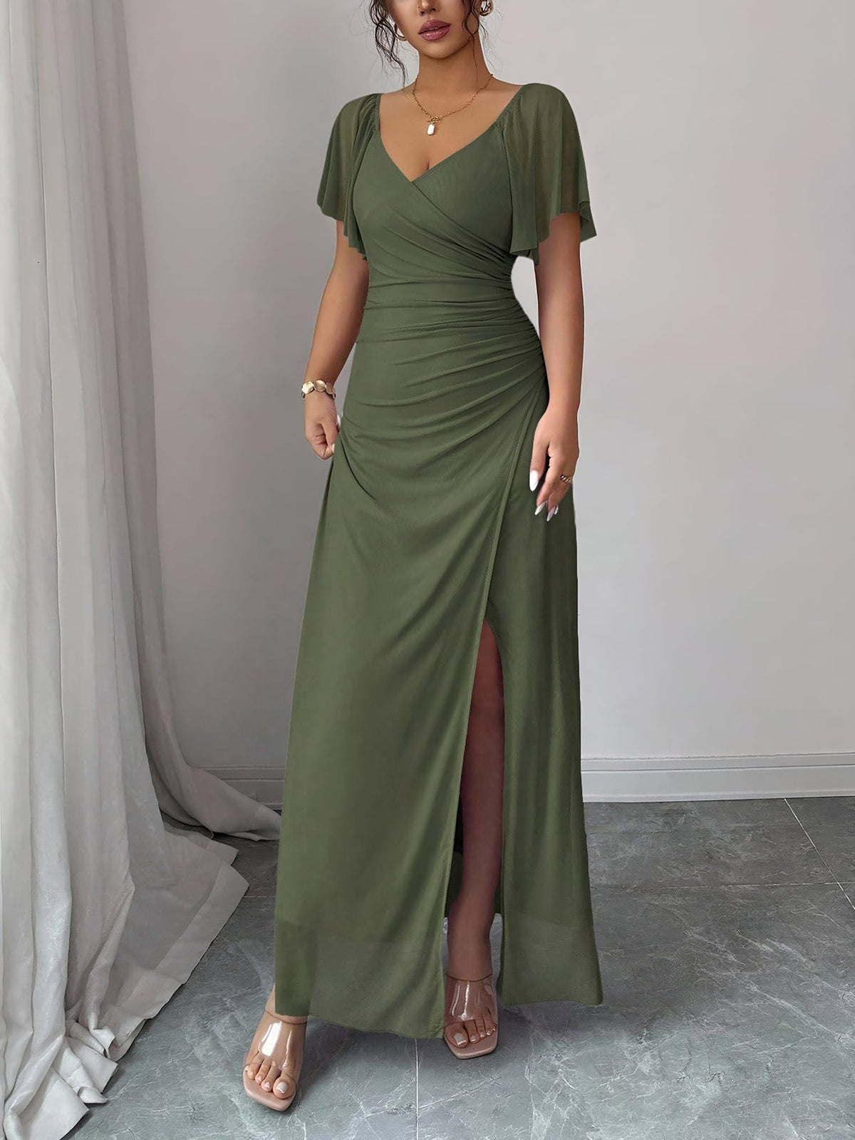 Mesh Panel V-Neck Flare Short Sleeve Slit Dress