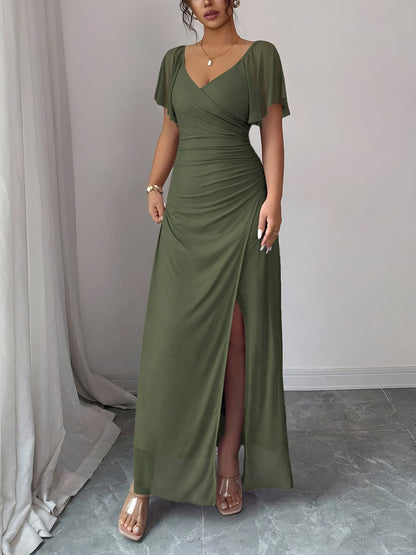 Mesh Panel V-Neck Flare Short Sleeve Slit Dress