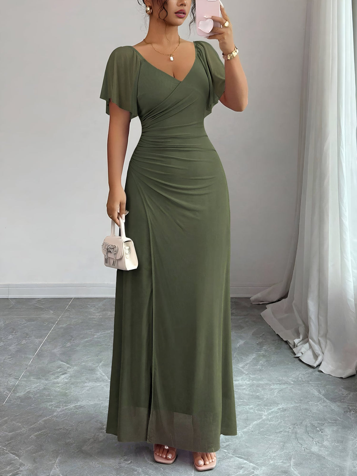 Mesh Panel V-Neck Flare Short Sleeve Slit Dress