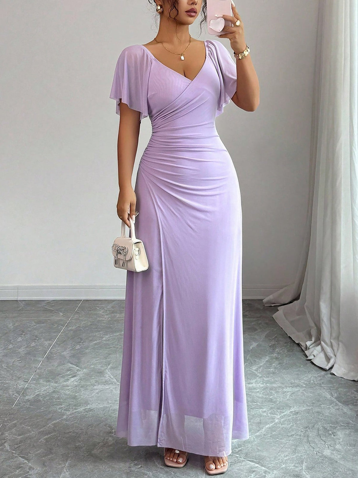 Mesh Panel V-Neck Flare Short Sleeve Slit Dress
