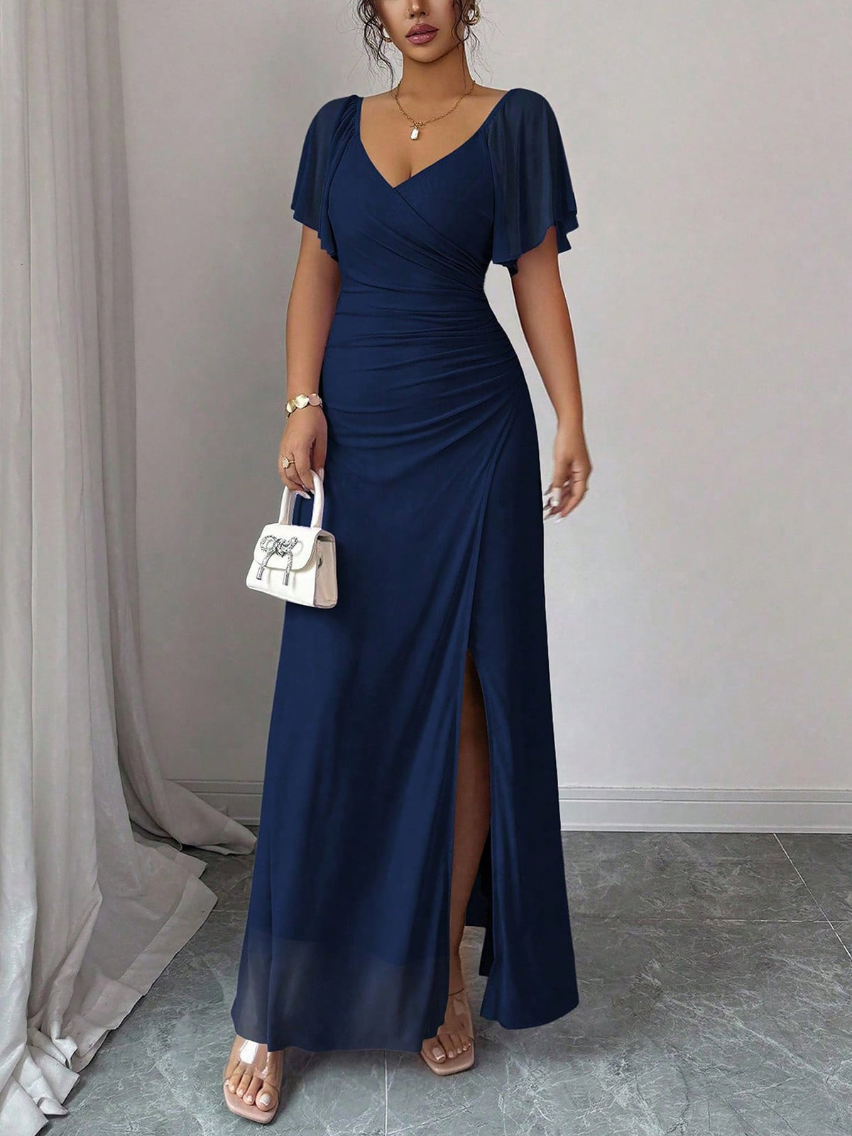 Mesh Panel V-Neck Flare Short Sleeve Slit Dress