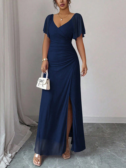 Mesh Panel V-Neck Flare Short Sleeve Slit Dress