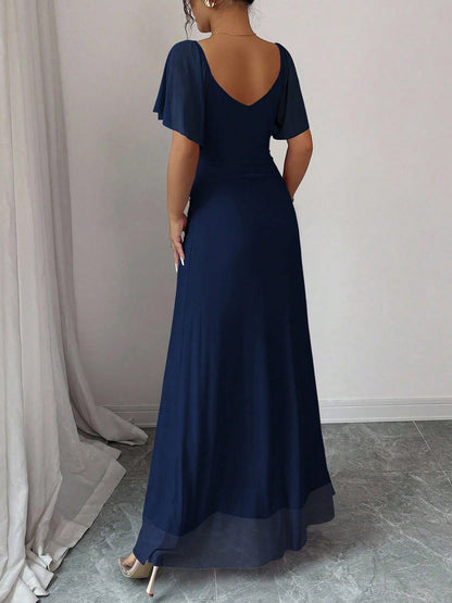 Mesh Panel V-Neck Flare Short Sleeve Slit Dress