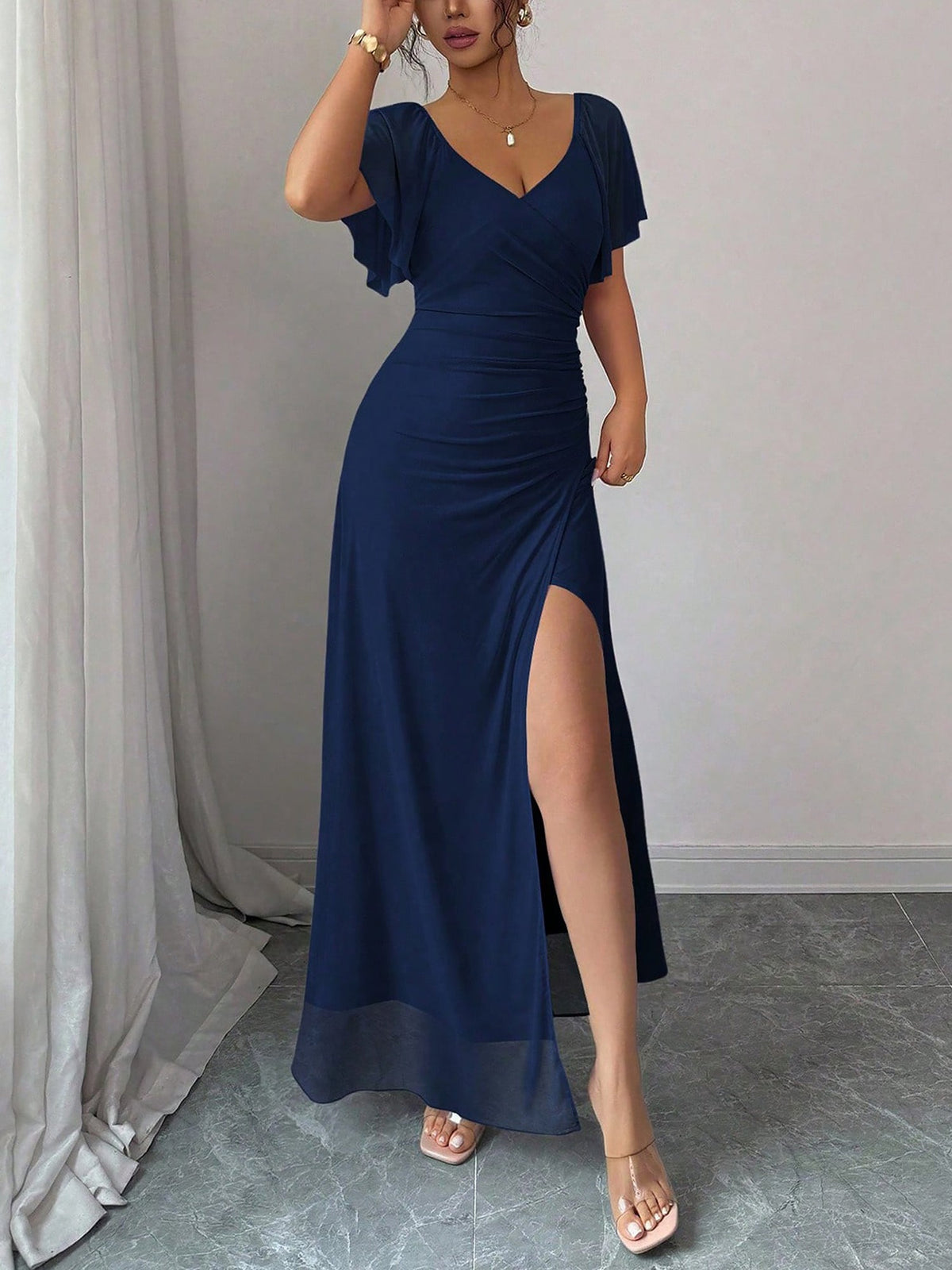 Mesh Panel V-Neck Flare Short Sleeve Slit Dress