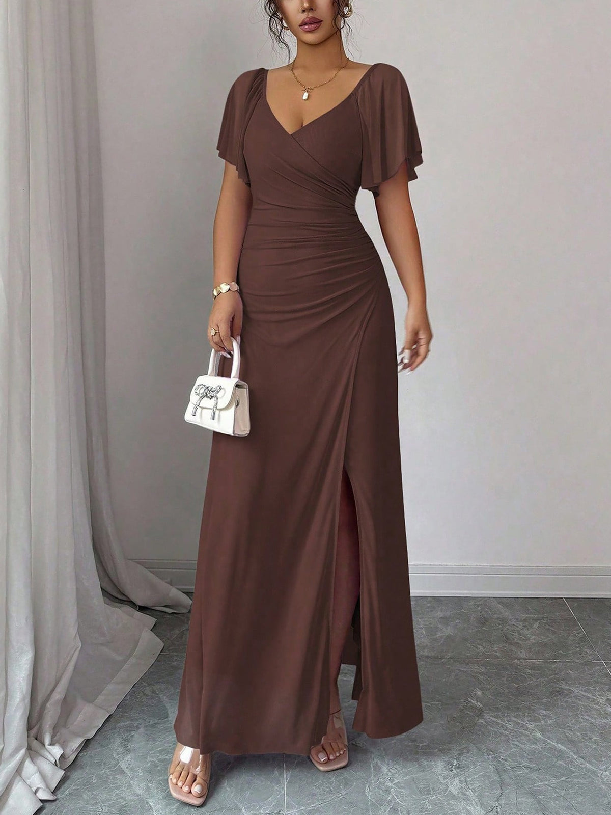 Mesh Panel V-Neck Flare Short Sleeve Slit Dress