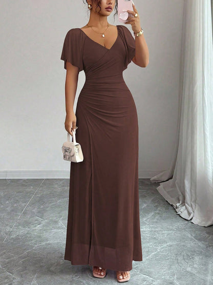 Mesh Panel V-Neck Flare Short Sleeve Slit Dress