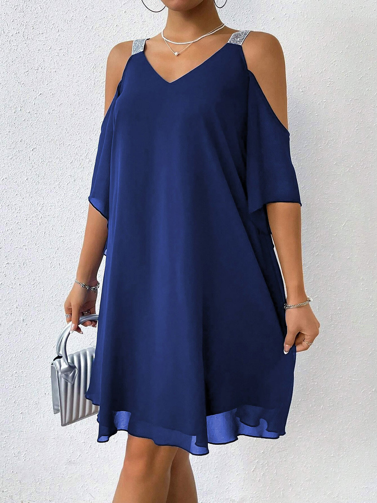 Cold Shoulder Solid Color Ruffled Chiffon Dress