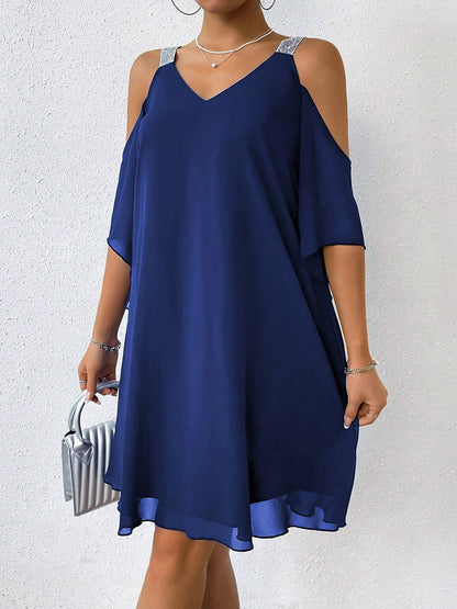Cold Shoulder Solid Color Ruffled Chiffon Dress
