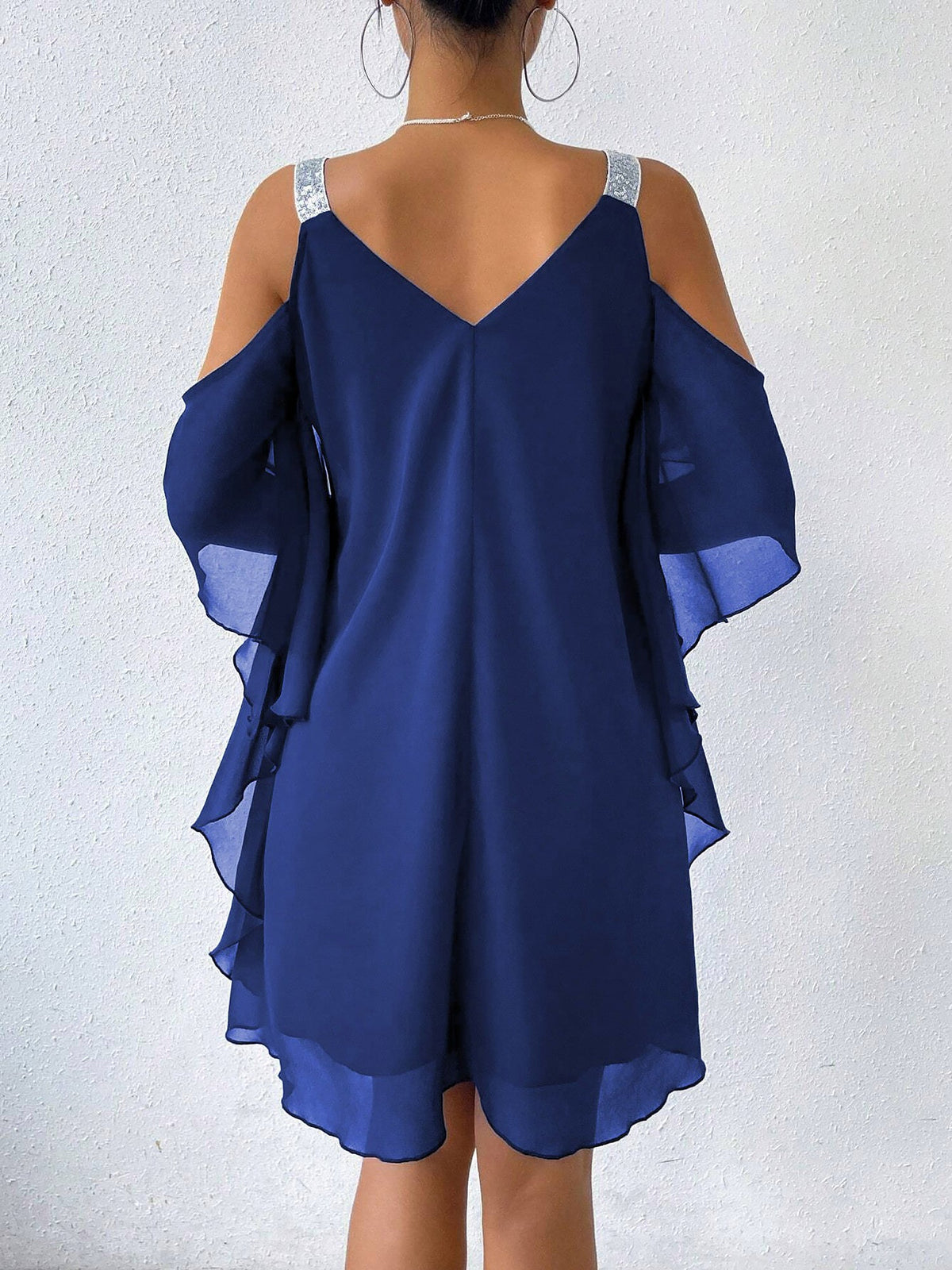 Cold Shoulder Solid Color Ruffled Chiffon Dress