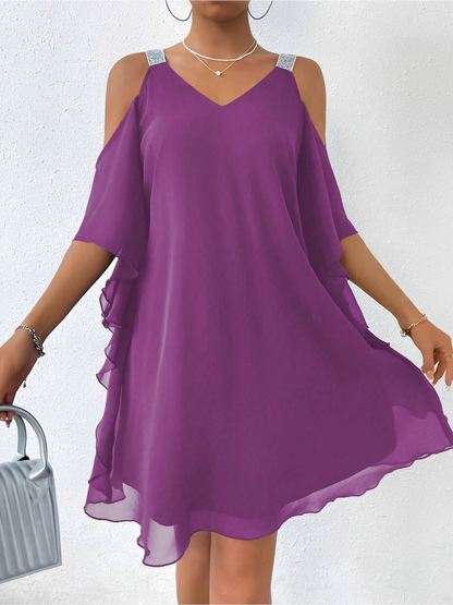 Cold Shoulder Solid Color Ruffled Chiffon Dress