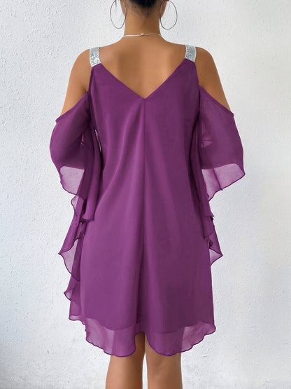 Cold Shoulder Solid Color Ruffled Chiffon Dress