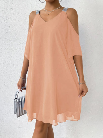 Cold Shoulder Solid Color Ruffled Chiffon Dress