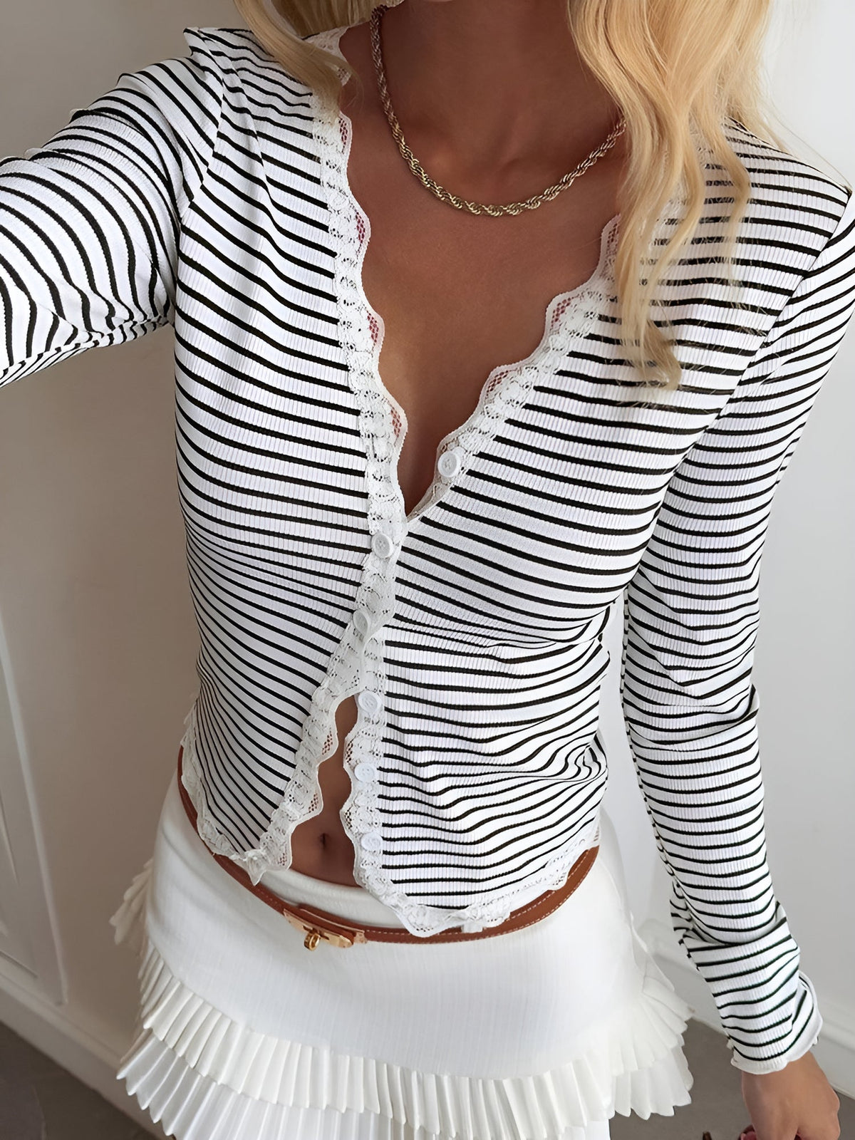 Striped Long Sleeve Button Down Lace Knit Top