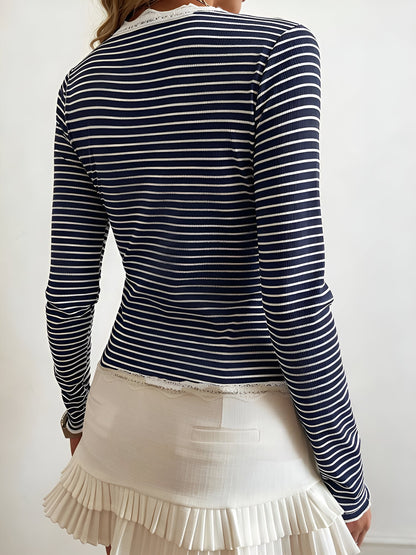 Striped Long Sleeve Button Down Lace Knit Top