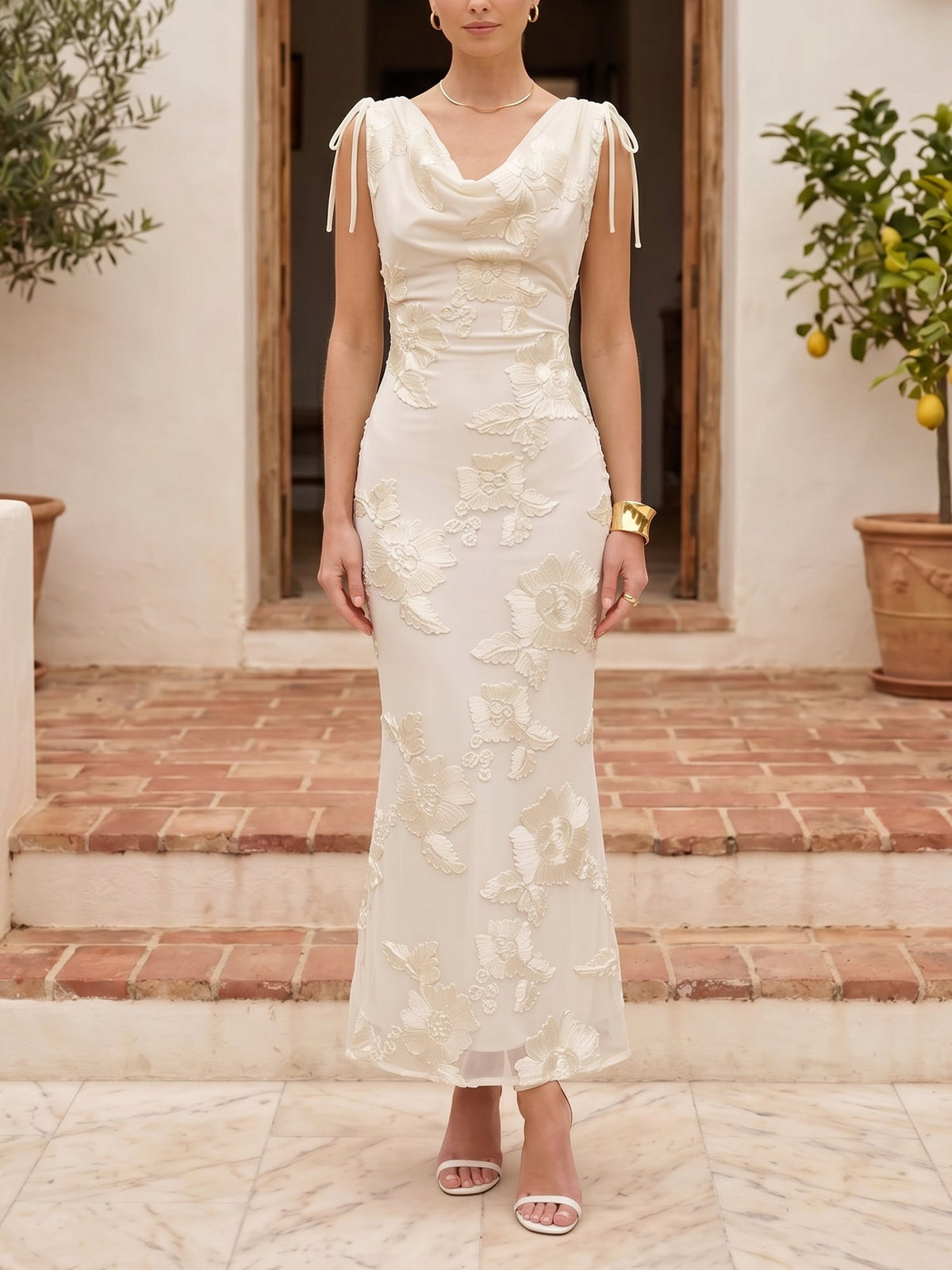Cowl Neck Floral Bodycon Maxi Dress Evening Gown