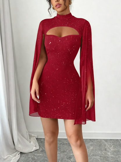 Mock Neck Ribbed Cape Style Bodycon Mini Dress