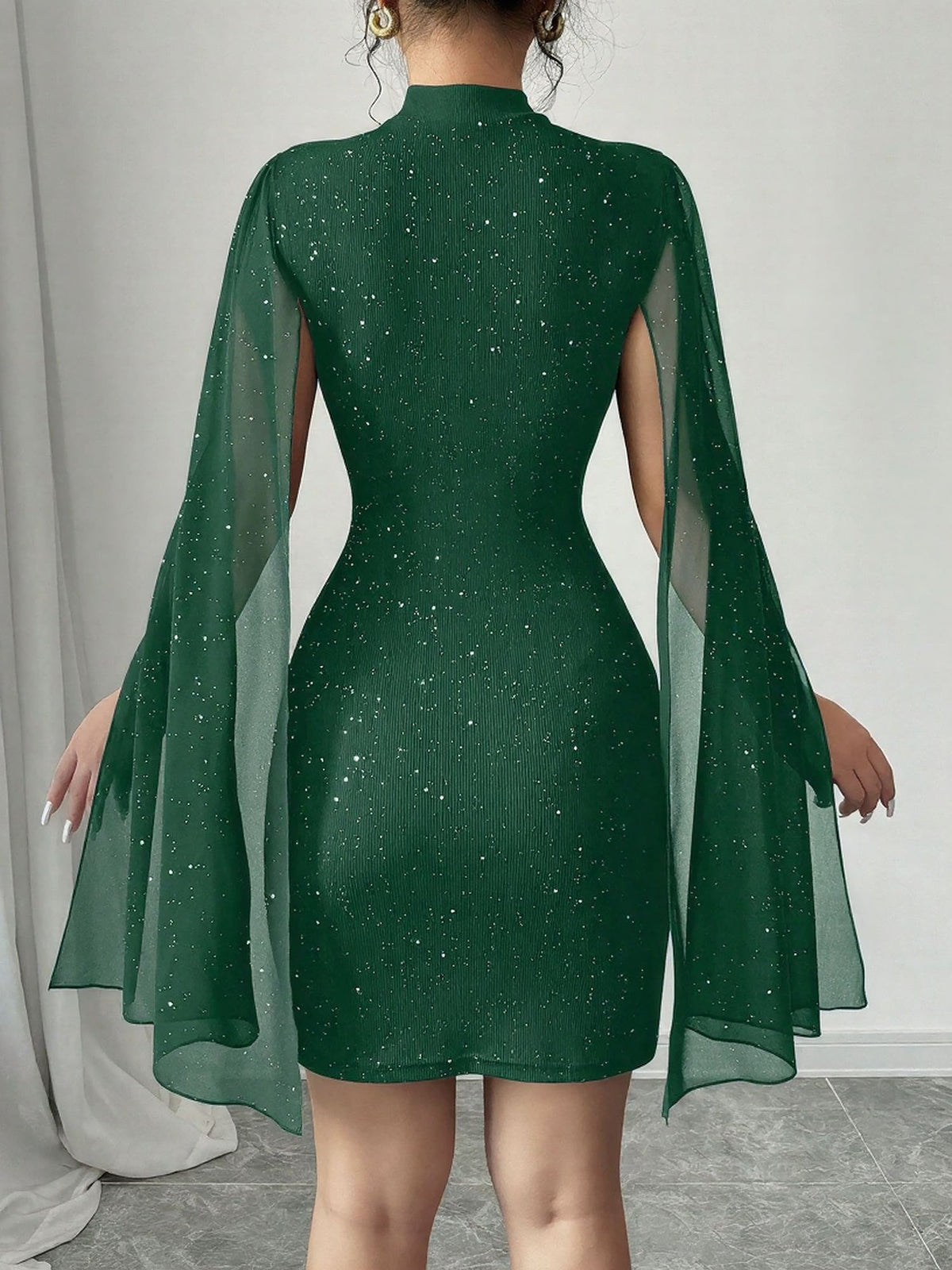 Mock Neck Ribbed Cape Style Bodycon Mini Dress