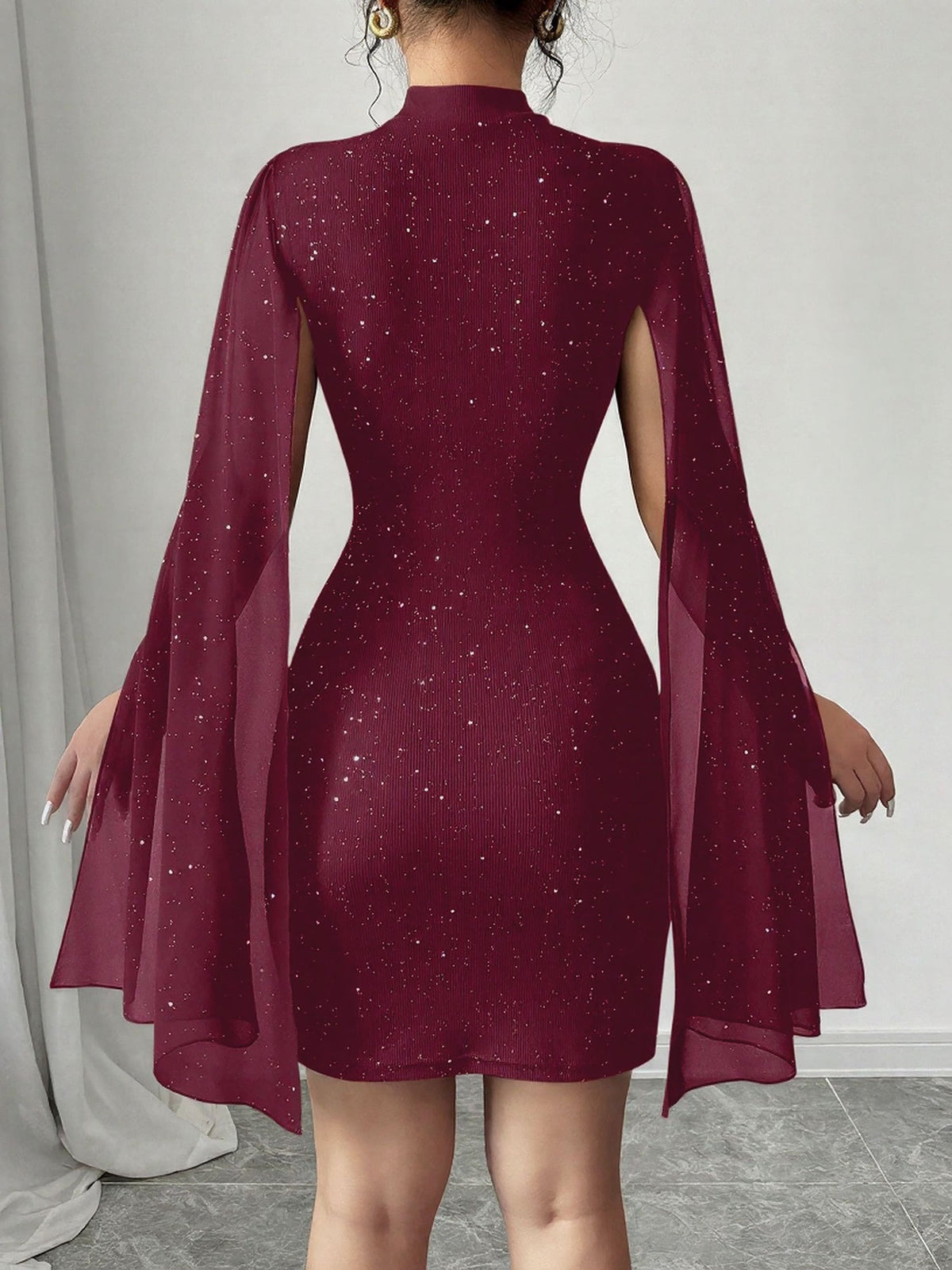 Mock Neck Ribbed Cape Style Bodycon Mini Dress