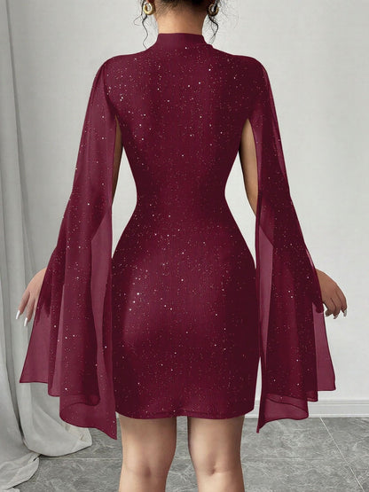 Mock Neck Ribbed Cape Style Bodycon Mini Dress