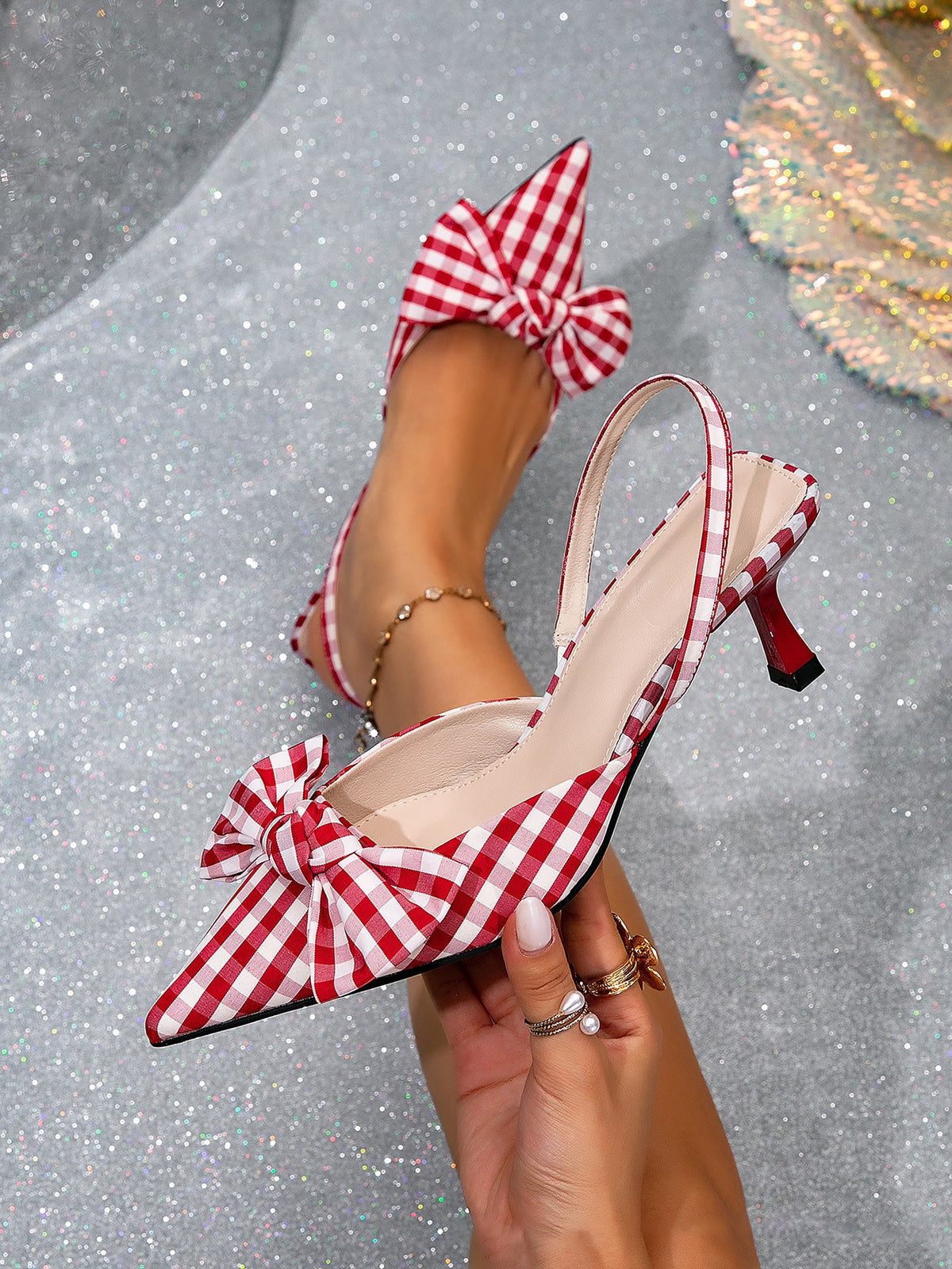 Gingham Bow Pointed Toe Slingback Sandals