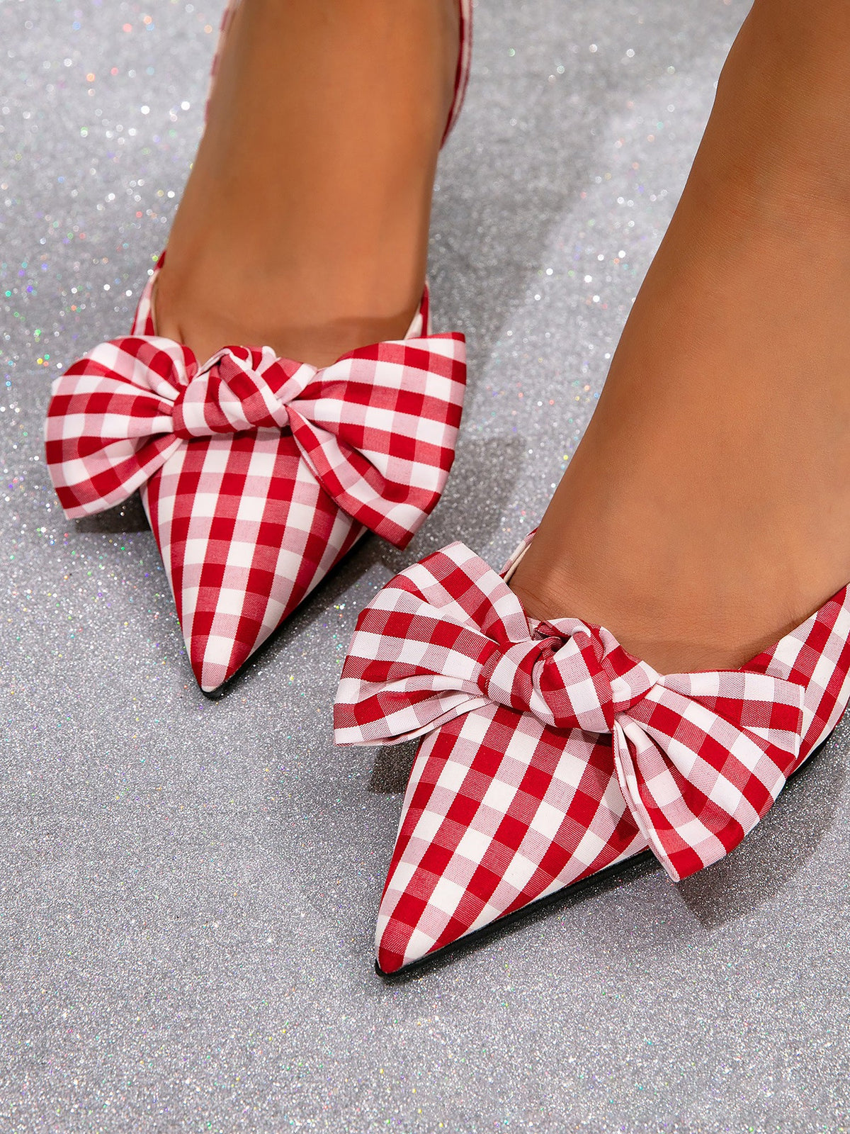 Gingham Bow Pointed Toe Slingback Sandals