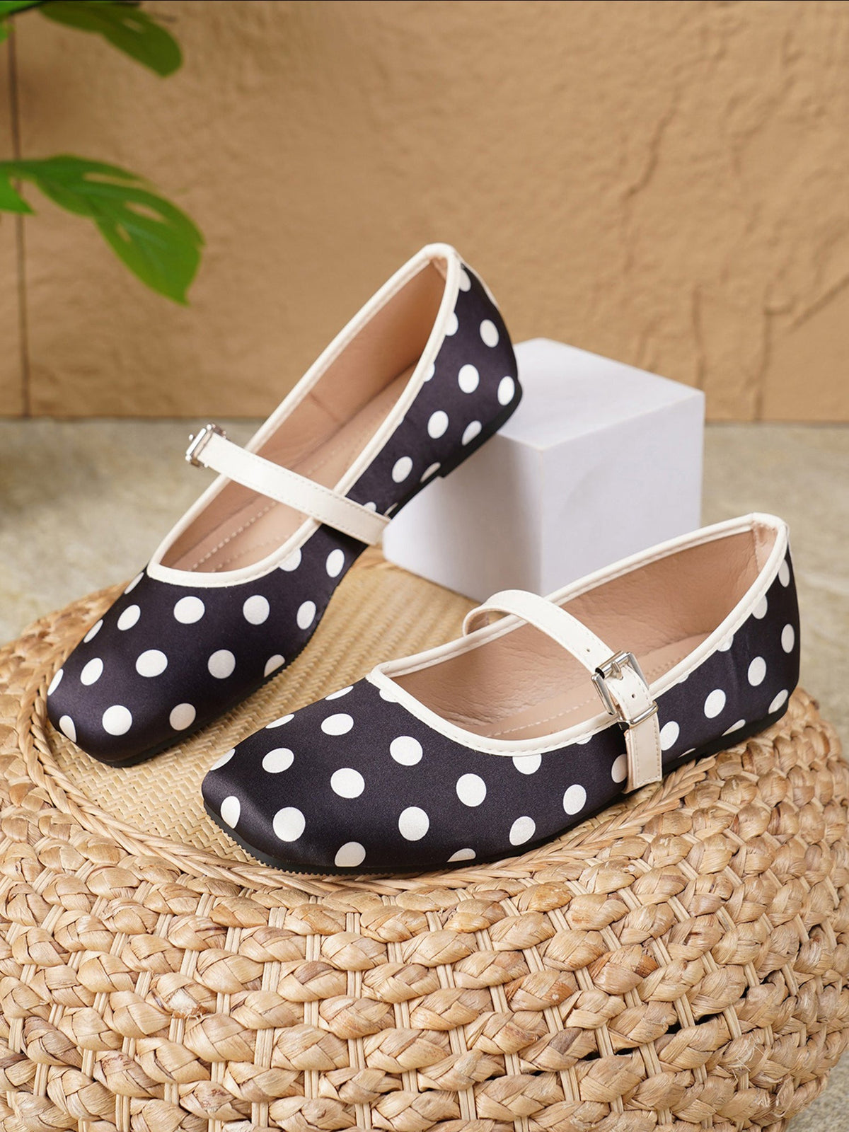 Polka Dots Square Toe Strappy Mary Jane Ballerina Ballet Flats