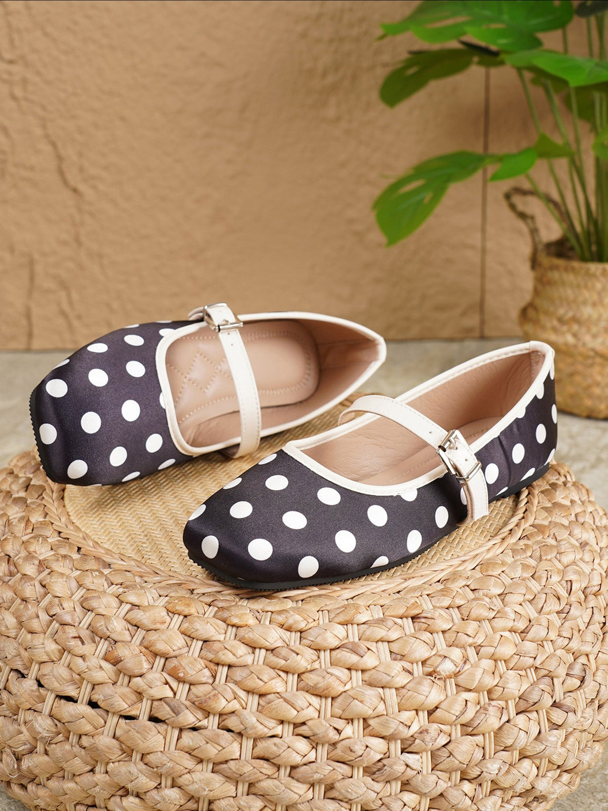 Polka Dots Square Toe Strappy Mary Jane Ballerina Ballet Flats