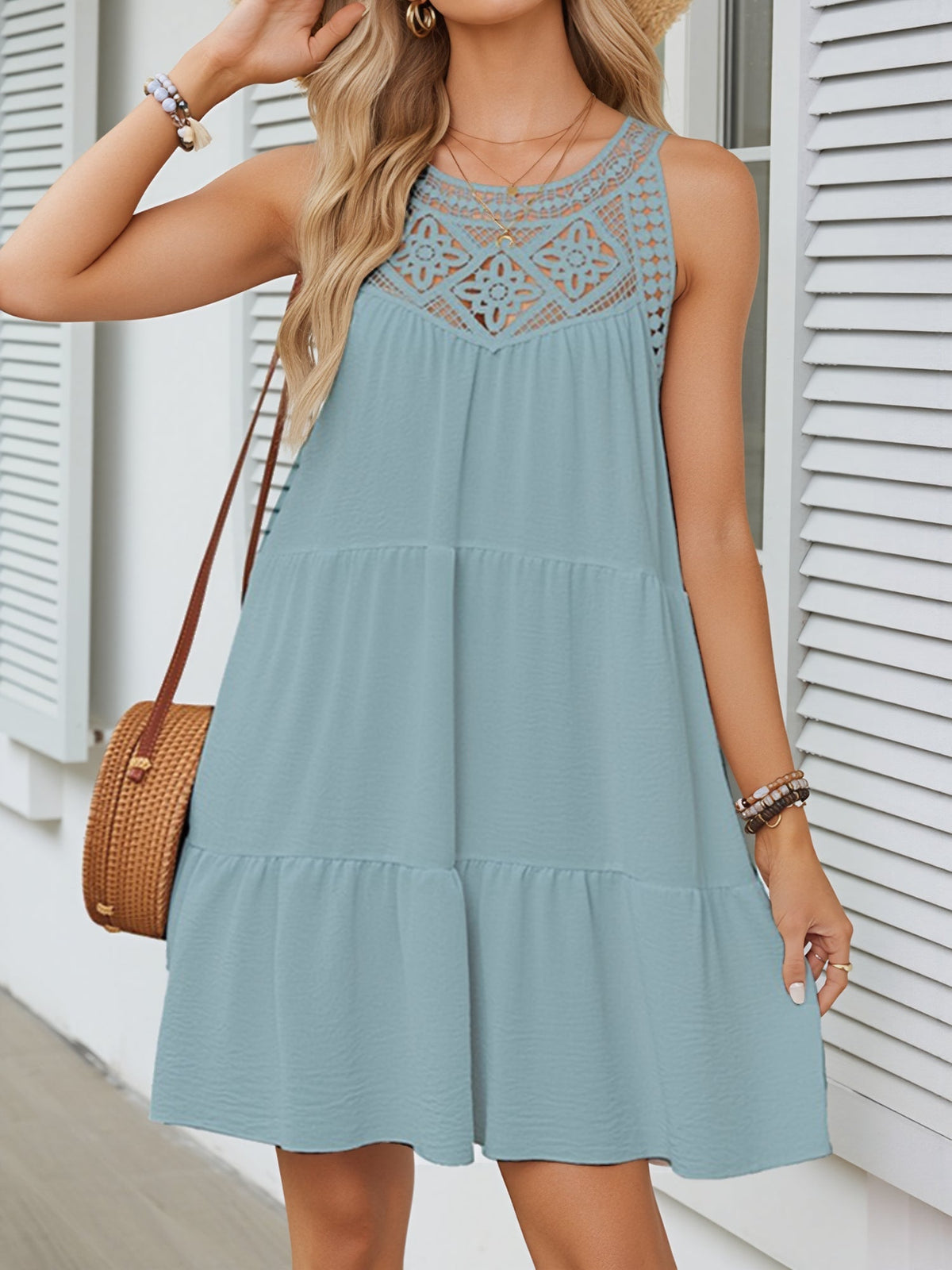 Boho Lace Sleeveless Tiered Above Knee Length Dress
