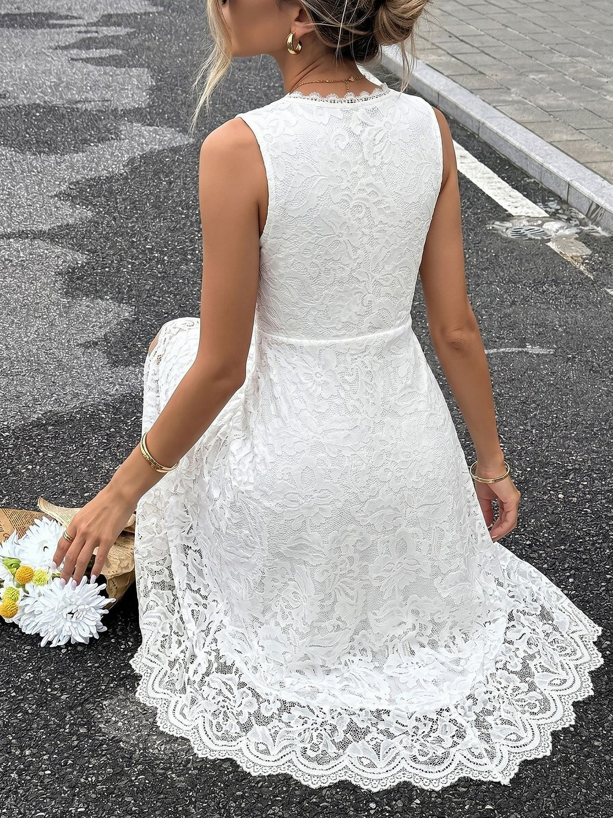 V Neck Lace Sleeveless Irregular Hem Midi Dress