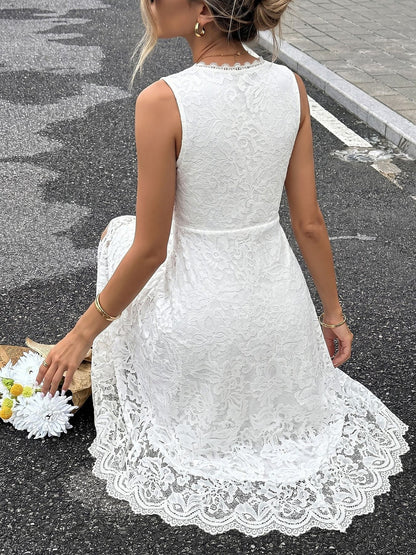 V Neck Lace Sleeveless Irregular Hem Midi Dress