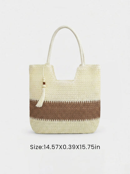 Colorblock Beach Vacation Straw Tote Bag