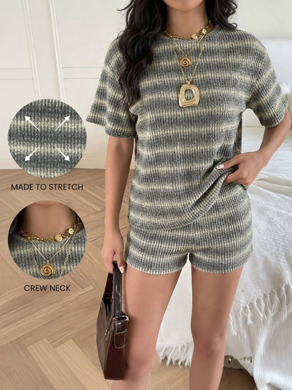 2 Pieces Striped Crew Neck Casual Knitted Top and Shorts Matching Set