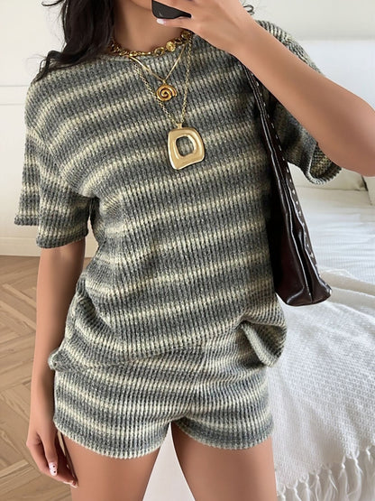 2 Pieces Striped Crew Neck Casual Knitted Top and Shorts Matching Set