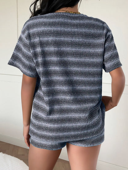 2 Pieces Striped Crew Neck Casual Knitted Top and Shorts Matching Set
