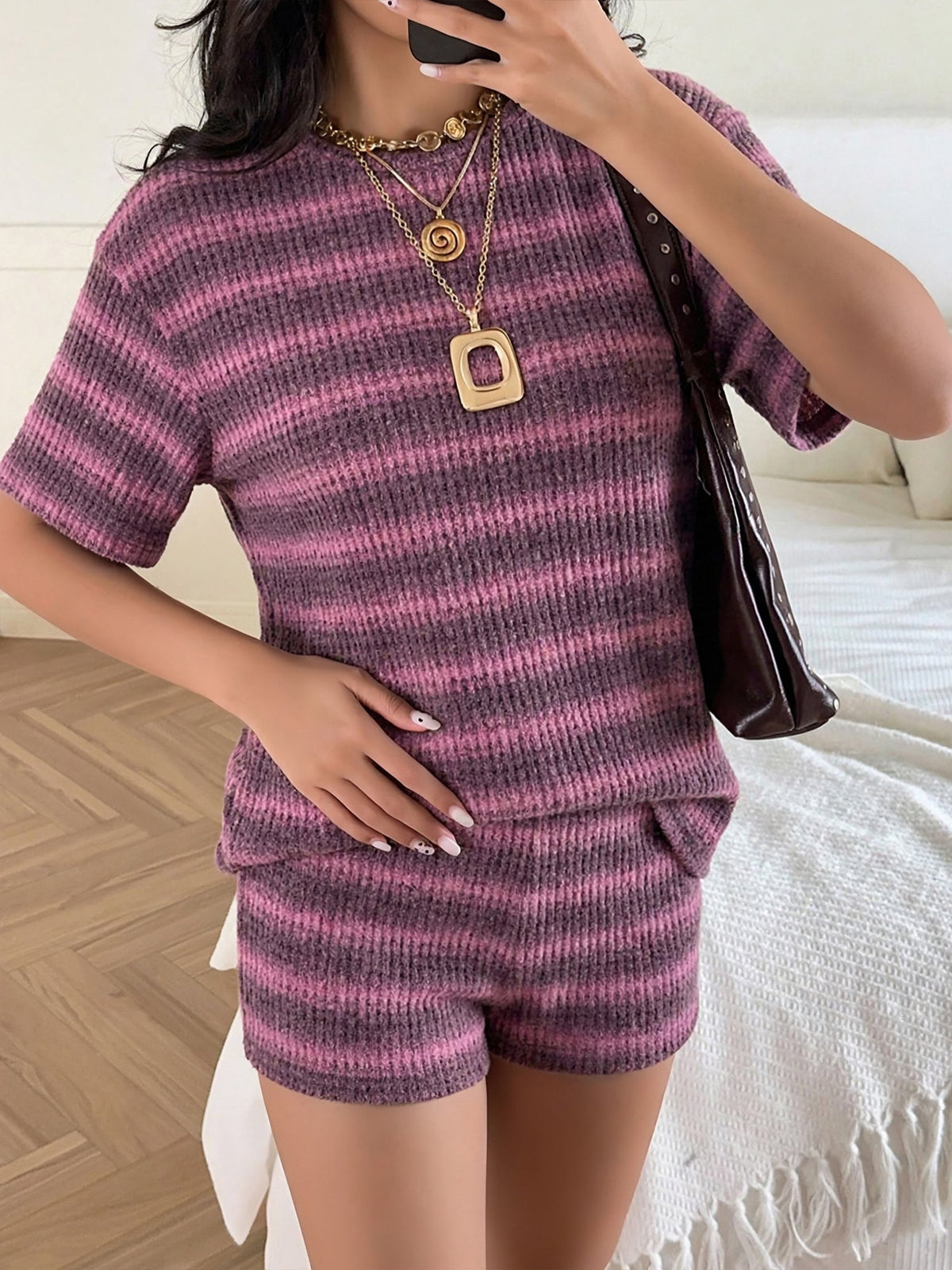 2 Pieces Striped Crew Neck Casual Knitted Top and Shorts Matching Set