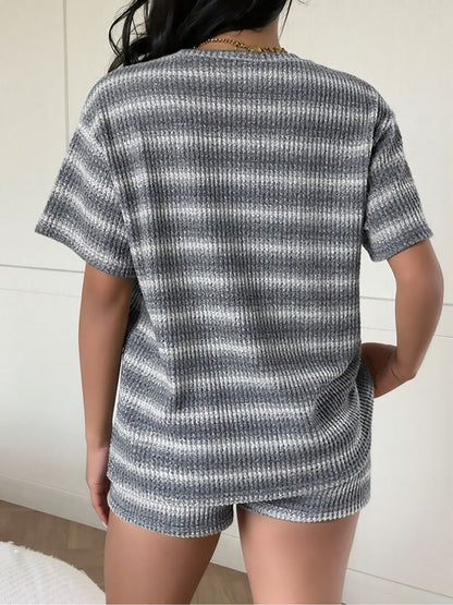 2 Pieces Striped Crew Neck Casual Knitted Top and Shorts Matching Set