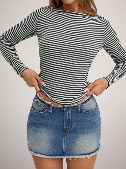 Striped Boat Neck Long Sleeves Casual Blouse