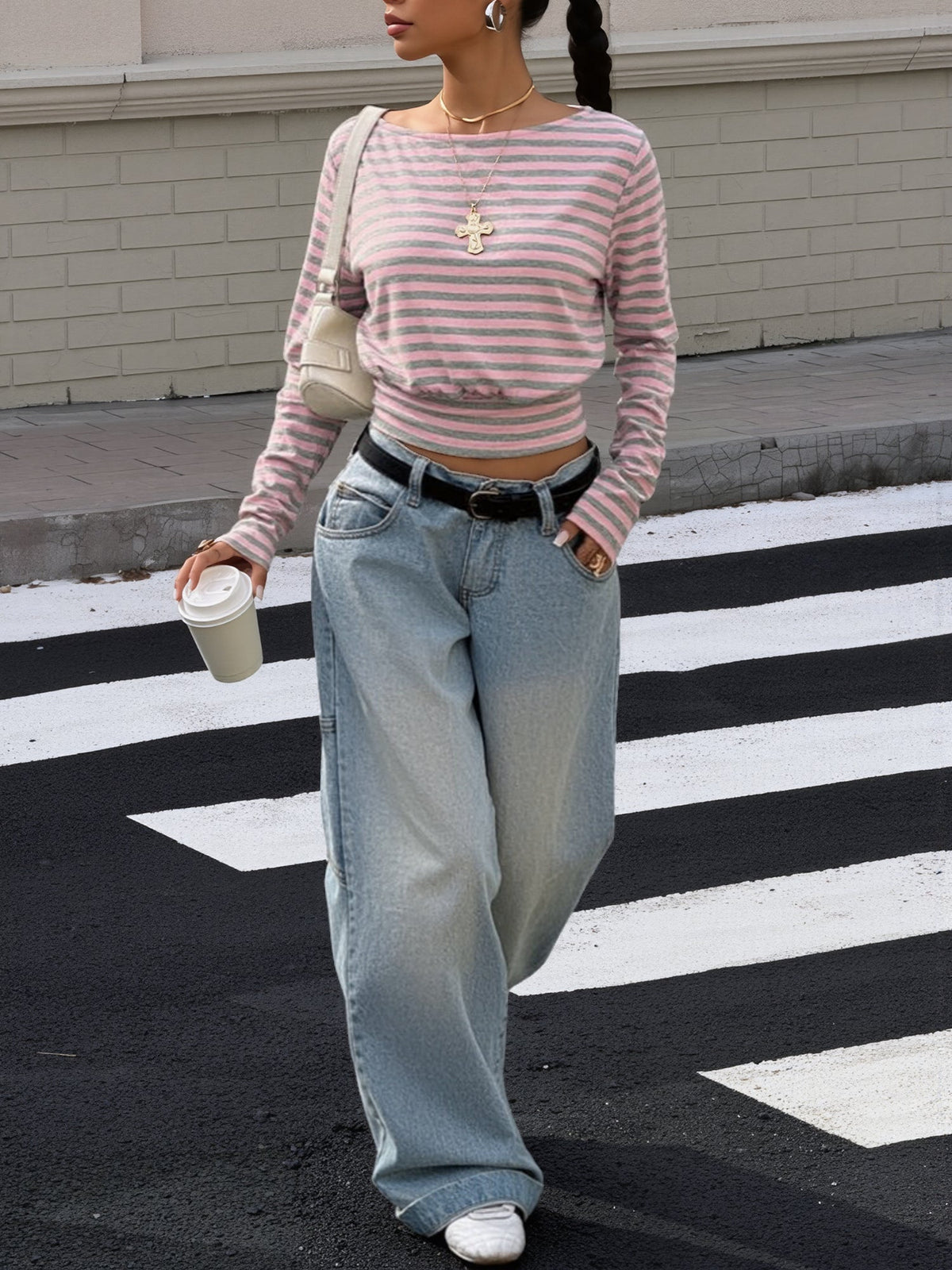 Striped Colorblock Long Sleeves Cropped Top