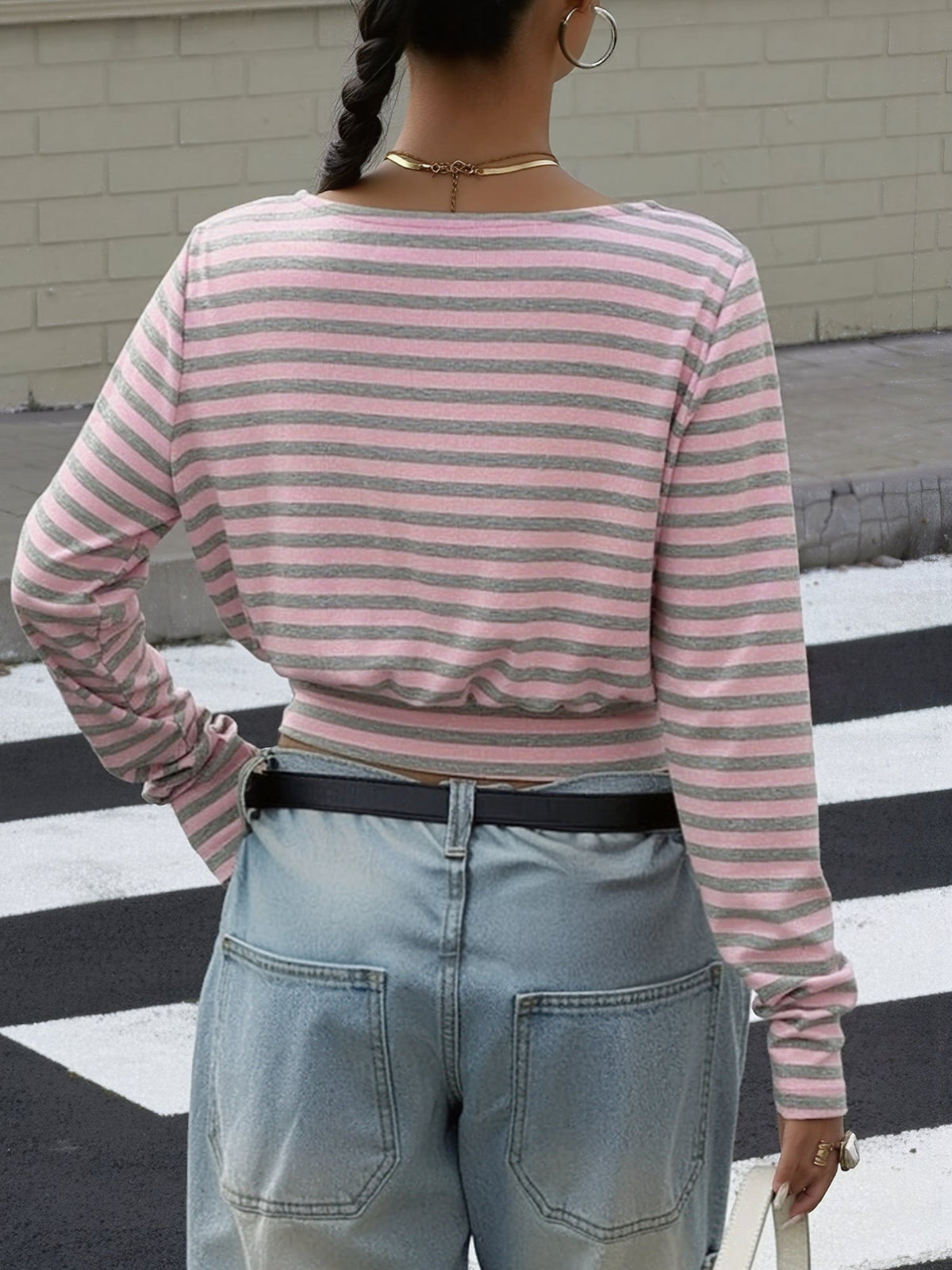 Striped Colorblock Long Sleeves Cropped Top