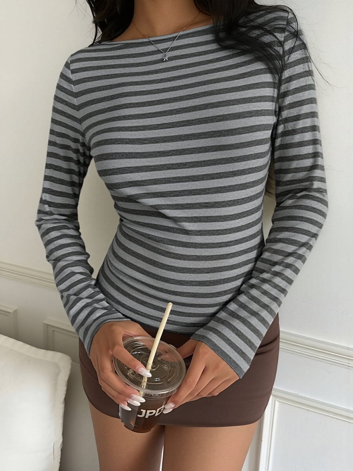 Cotton Colorblock Striped Boat Neck Long Sleeve Top