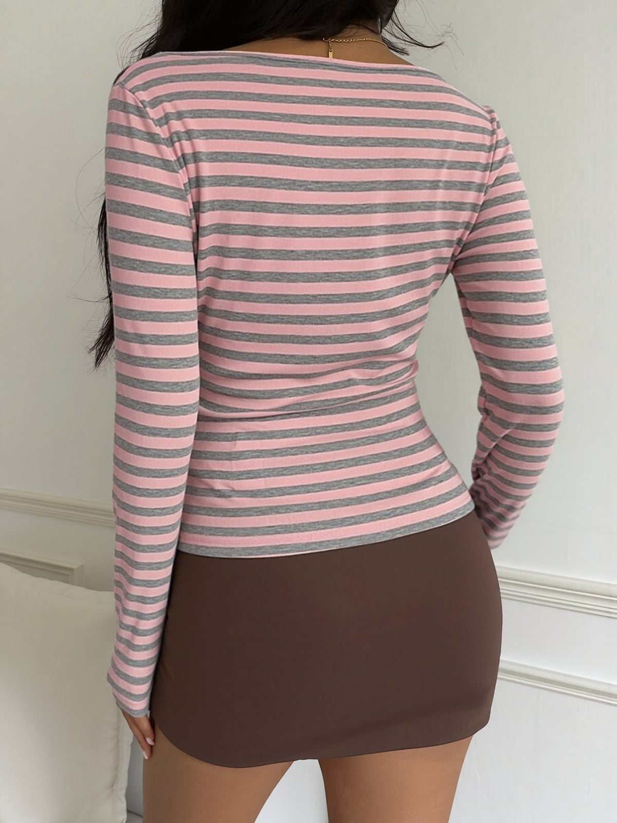 Cotton Colorblock Striped Boat Neck Long Sleeve Top