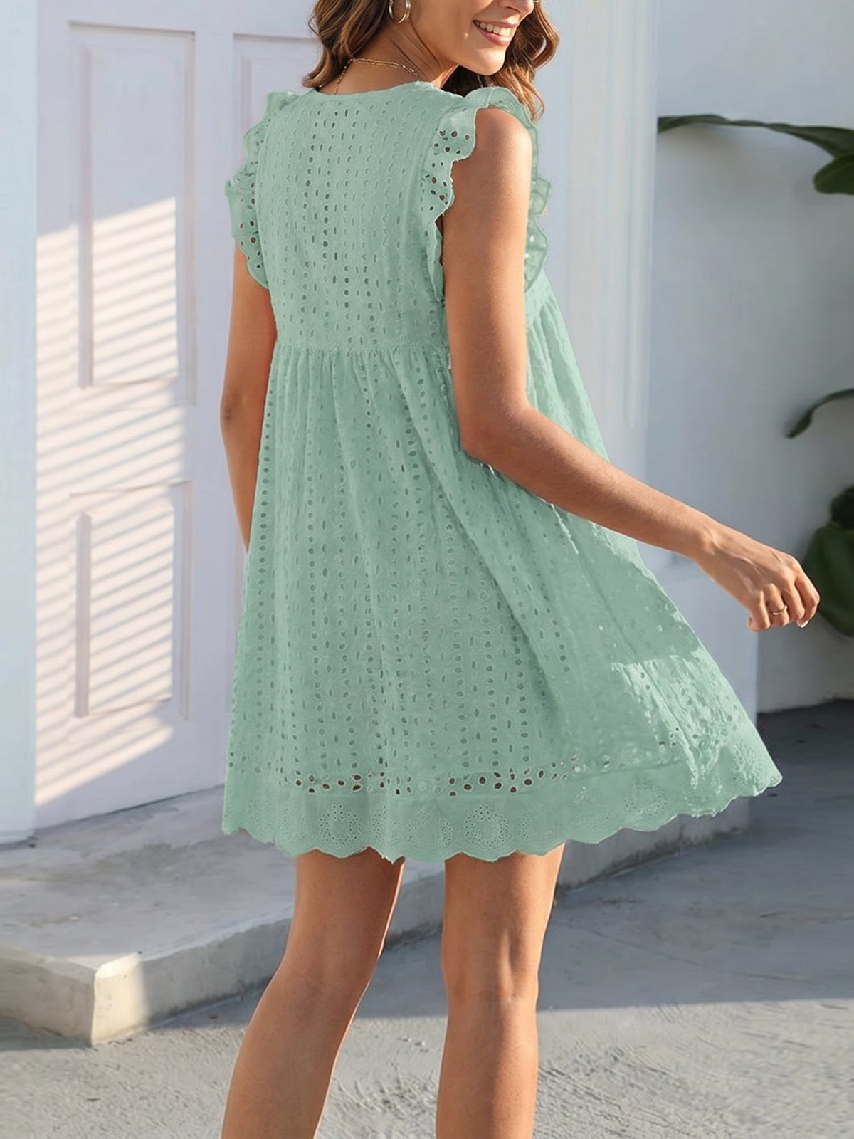 Cotton Eyelet Ruffled Cap Sleeves Babydoll A-Line Dress