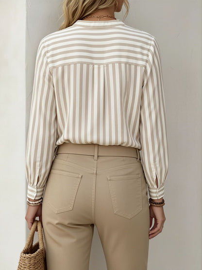 Notch Neck Buttoned Striped Long Sleeve Work Blouse