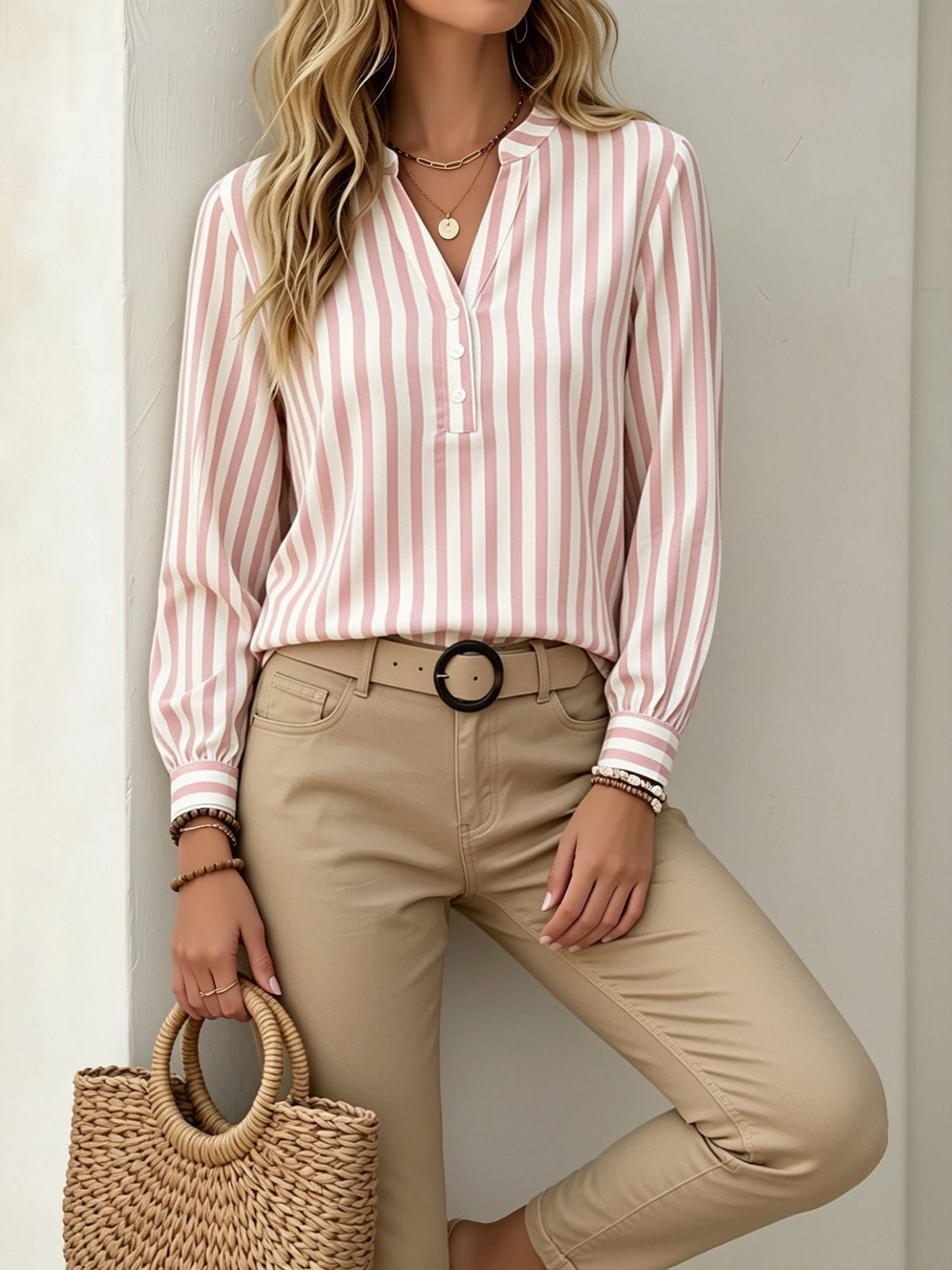 Notch Neck Buttoned Striped Long Sleeve Work Blouse