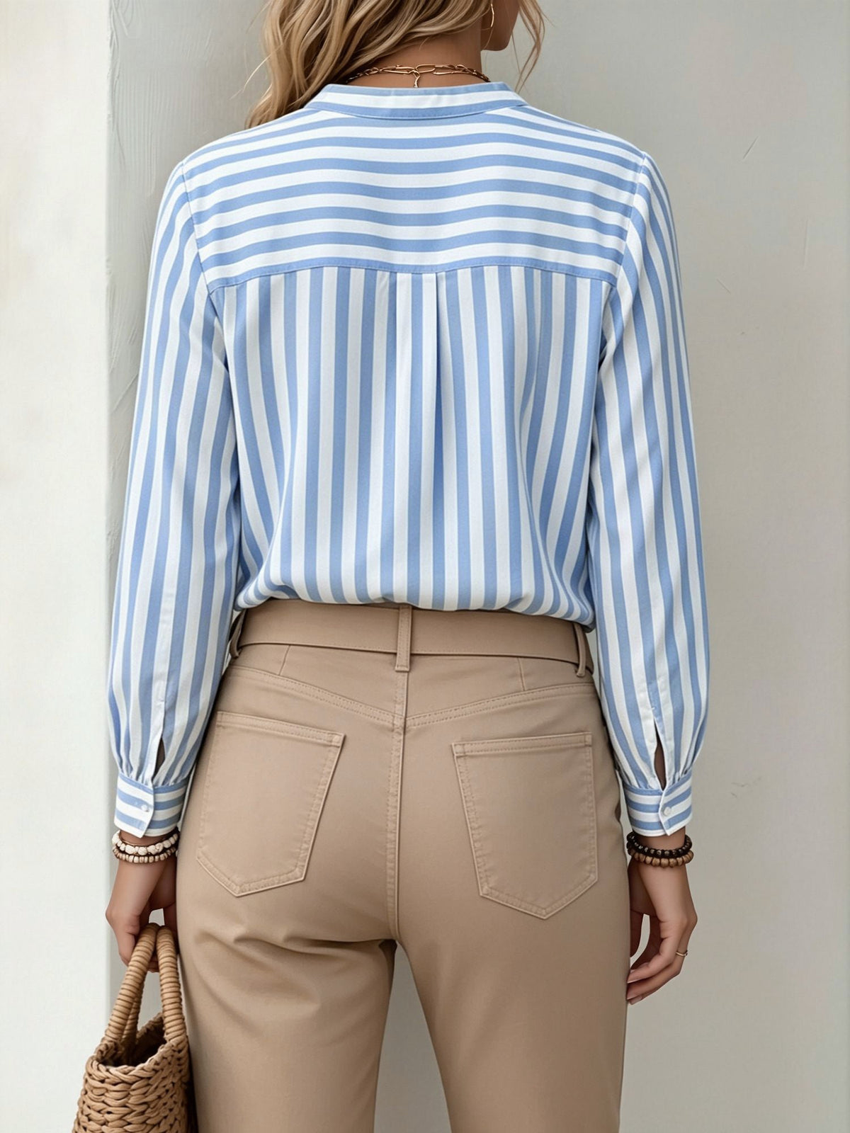 Notch Neck Buttoned Striped Long Sleeve Work Blouse