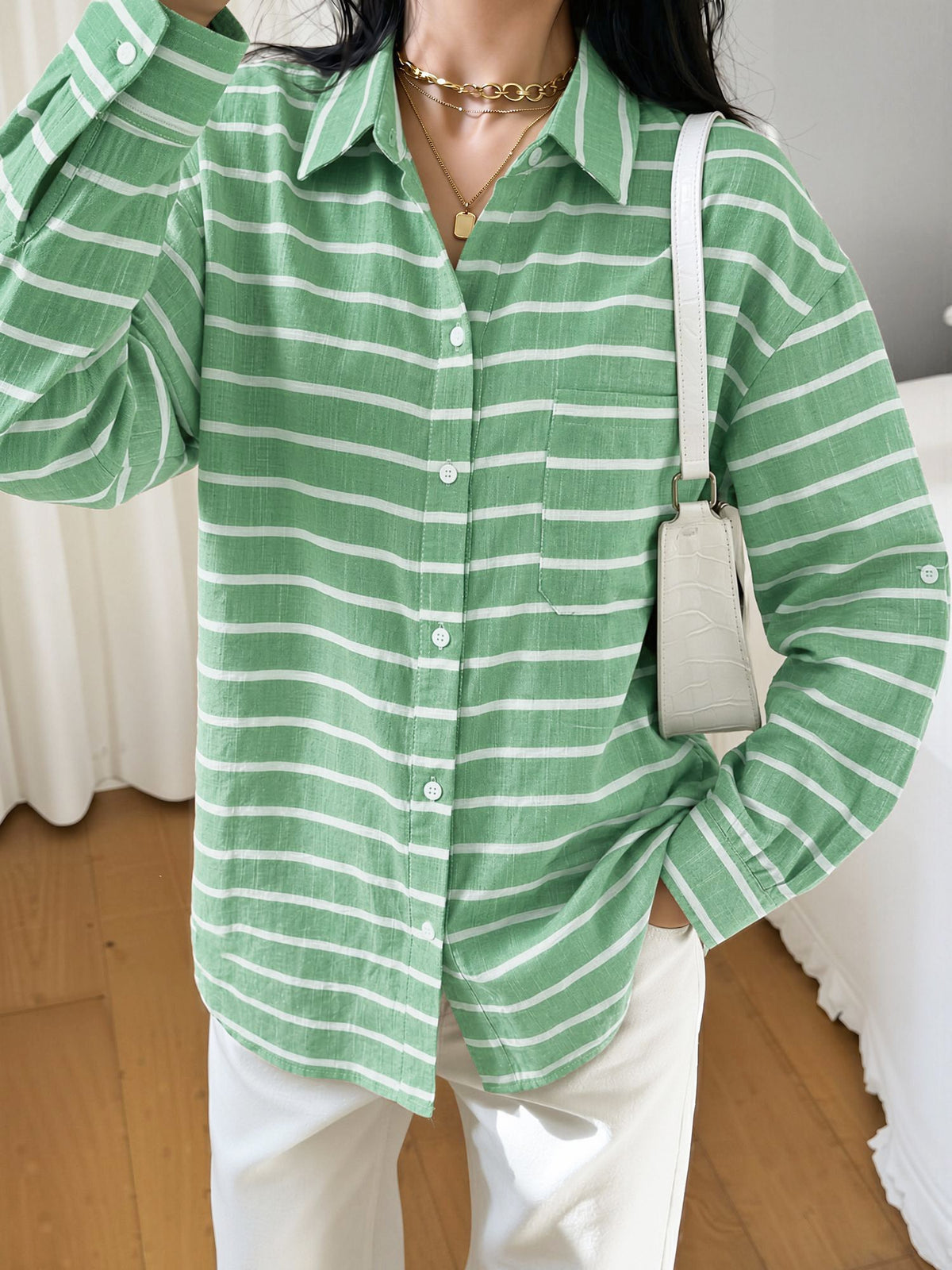 Loose Fit Long Sleeve Striped Button Down Shirt