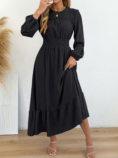 Swiss Dots Ruffled Long Sleeves Tiered Midi Dress