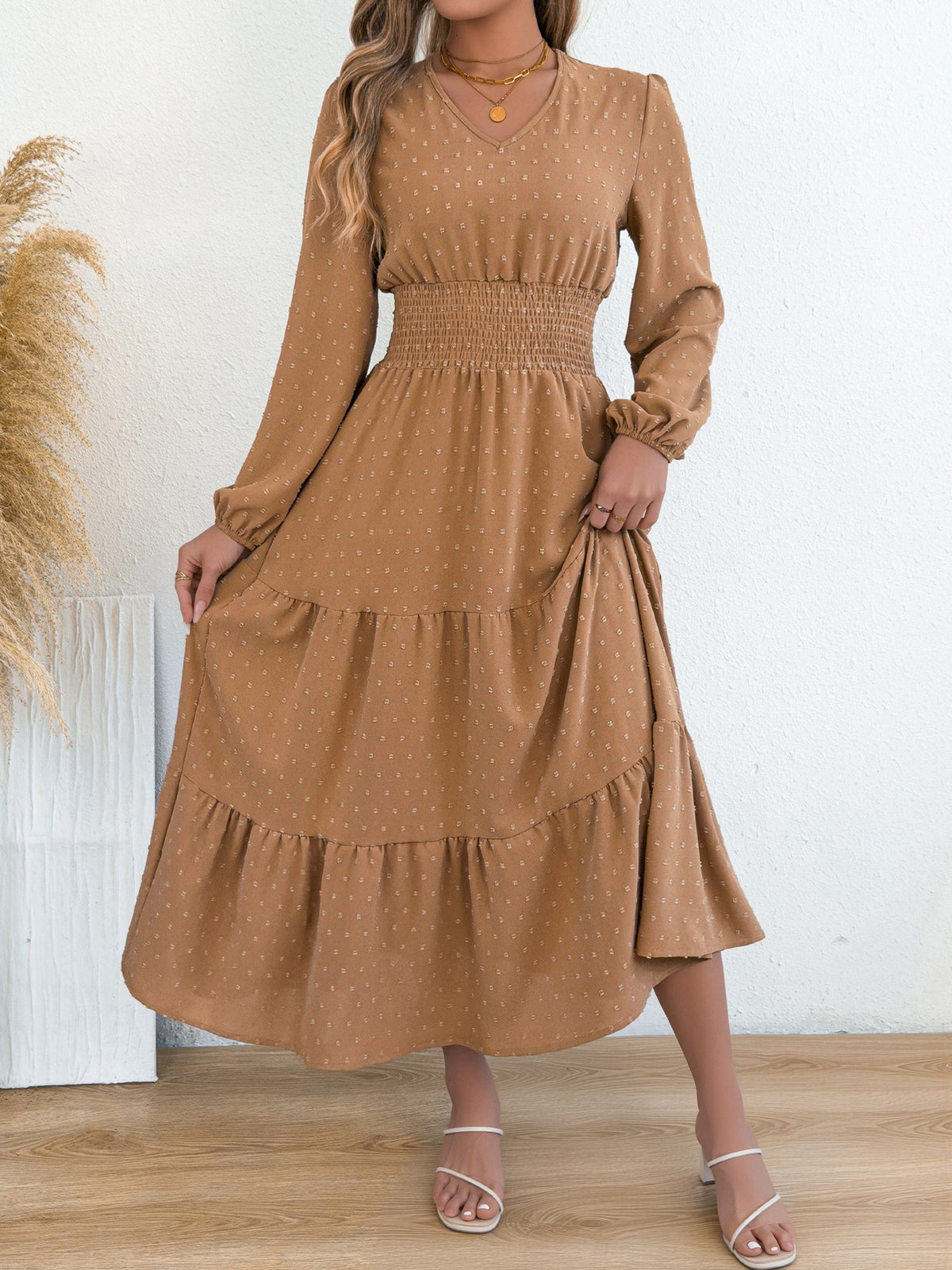 Swiss Dots V Neck Long Sleeves Smocked Tiered Dress