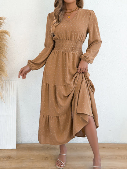 Swiss Dots V Neck Long Sleeves Smocked Tiered Dress